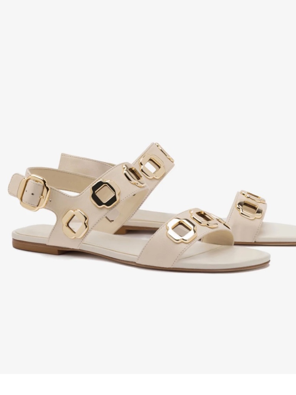 Larroude Milan Ivory Leather Flat Sandal with Gold Buckles NEW without Box $330